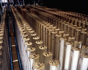 Cascade of gas centrifuges used to enrich uranium. This 1984 photograph is of the gas centrifuge plant in Piketon, Ohio. Courtesy: U.S. Photonics, Inc/NRC/Flickr
