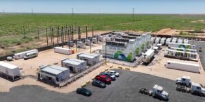 This VoltaGrid microgrid in Midland, Texas, supplies 70 MW of natural gas-generated power to support production operations and a low-carbon hydraulic fracturing site. The system transmits 40 MW via a dedicated 25-kV line to an electrical submersible pump (ESP) production grid, ensuring continuous, 24/7 operations. A second independent 30-MW line powers a low-carbon electric fracturing site, where portable, custom-designed mobile substations convert the voltage for site distribution. Courtesy: VoltaGrid