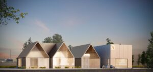 Artist’s rendition of the Aalo Pod, Aalo Atomics’ flagship 50-MWe modular power plant designed for data centers. Each Pod integrates five sodium-cooled, graphite-moderated Aalo-1 microreactors, fueled with low-enriched uranium (LEU+, UO₂), and can scale to gigawatts with a compact footprint and no external water requirements—making onsite colocation feasible. While the Idaho National Laboratory demonstration will focus on the company’s first experimental Aalo-X reactor, the Pod represents Aalo’s long-term commercial vision. Courtesy: Aalo Atomics