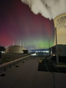 Northern lights illuminate Vistra's Beaver Valley Nuclear Power Plant in western Pennsylvania, part of the Meta power purchase agreement that will support 20-year contracts for 2.6 GW of existing nuclear capacity across three Vistra facilities in Ohio and Pennsylvania. Courtesy: Vistra Corp.